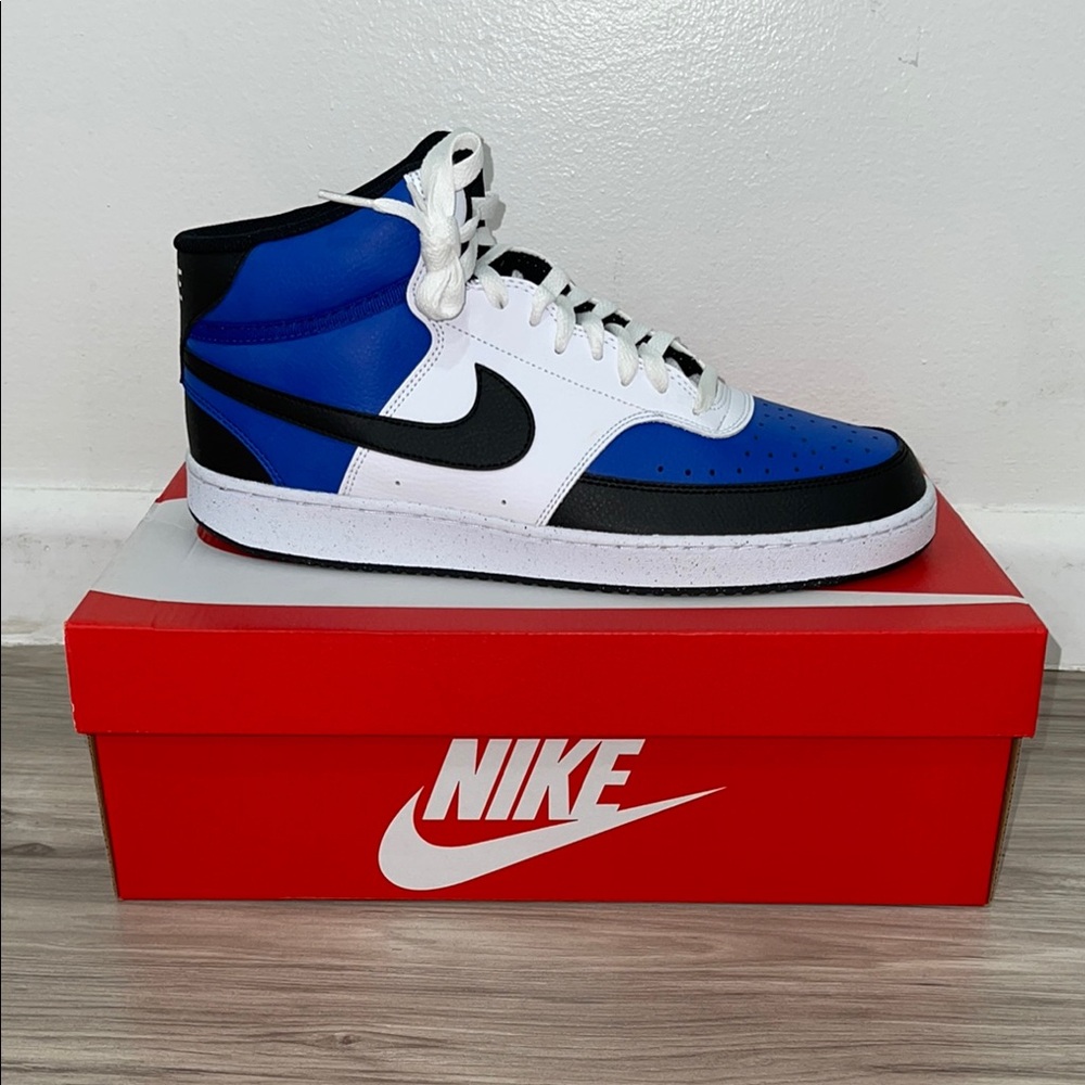 Nike Blue and Black High-Top Sneakers.     MENS COURT VISION MID SNEAKER